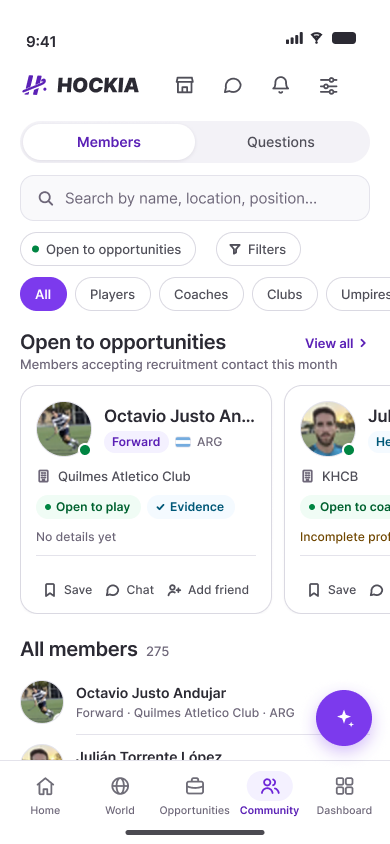 Hockia community screen: players, coaches and clubs around the world