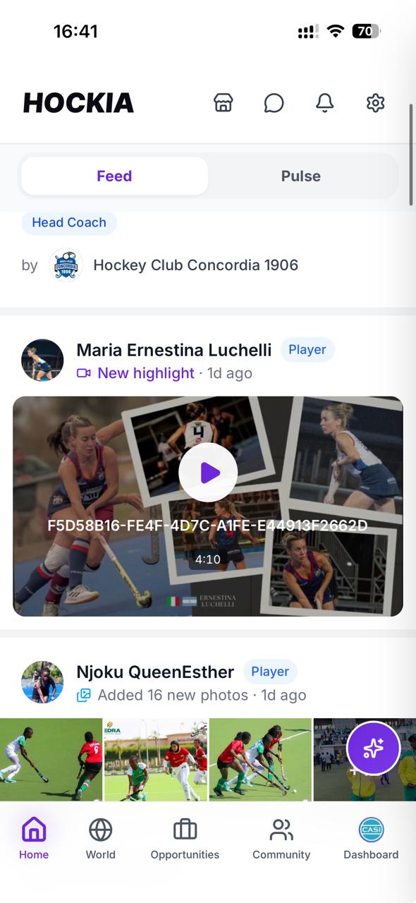 Hockia home feed: opportunities, milestones and community activity
